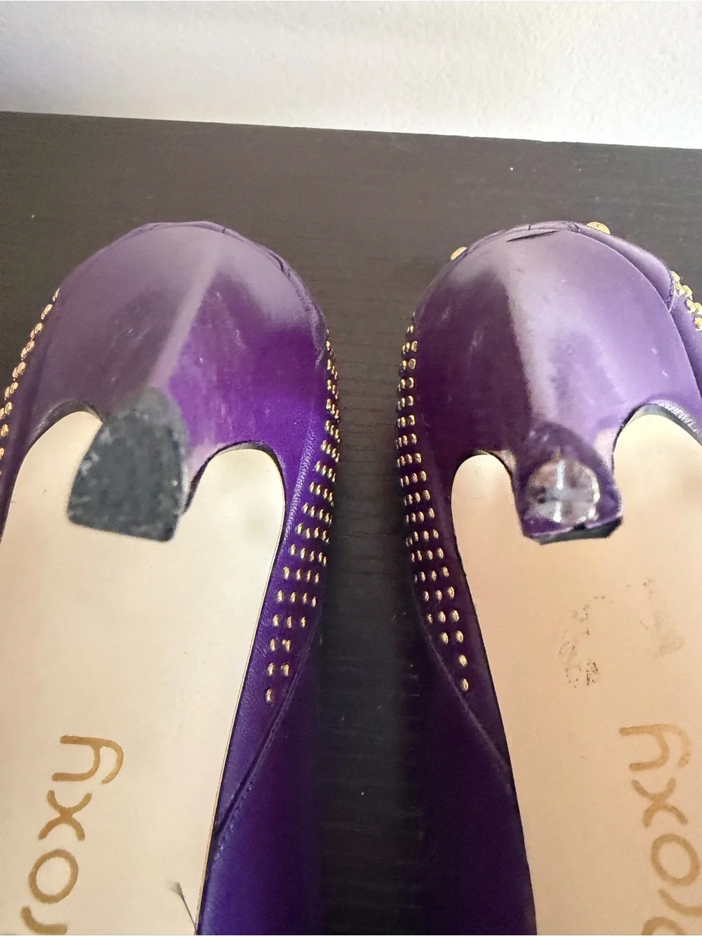 Proxy purple pointed-toe high heels with gold-tone stud embellishments